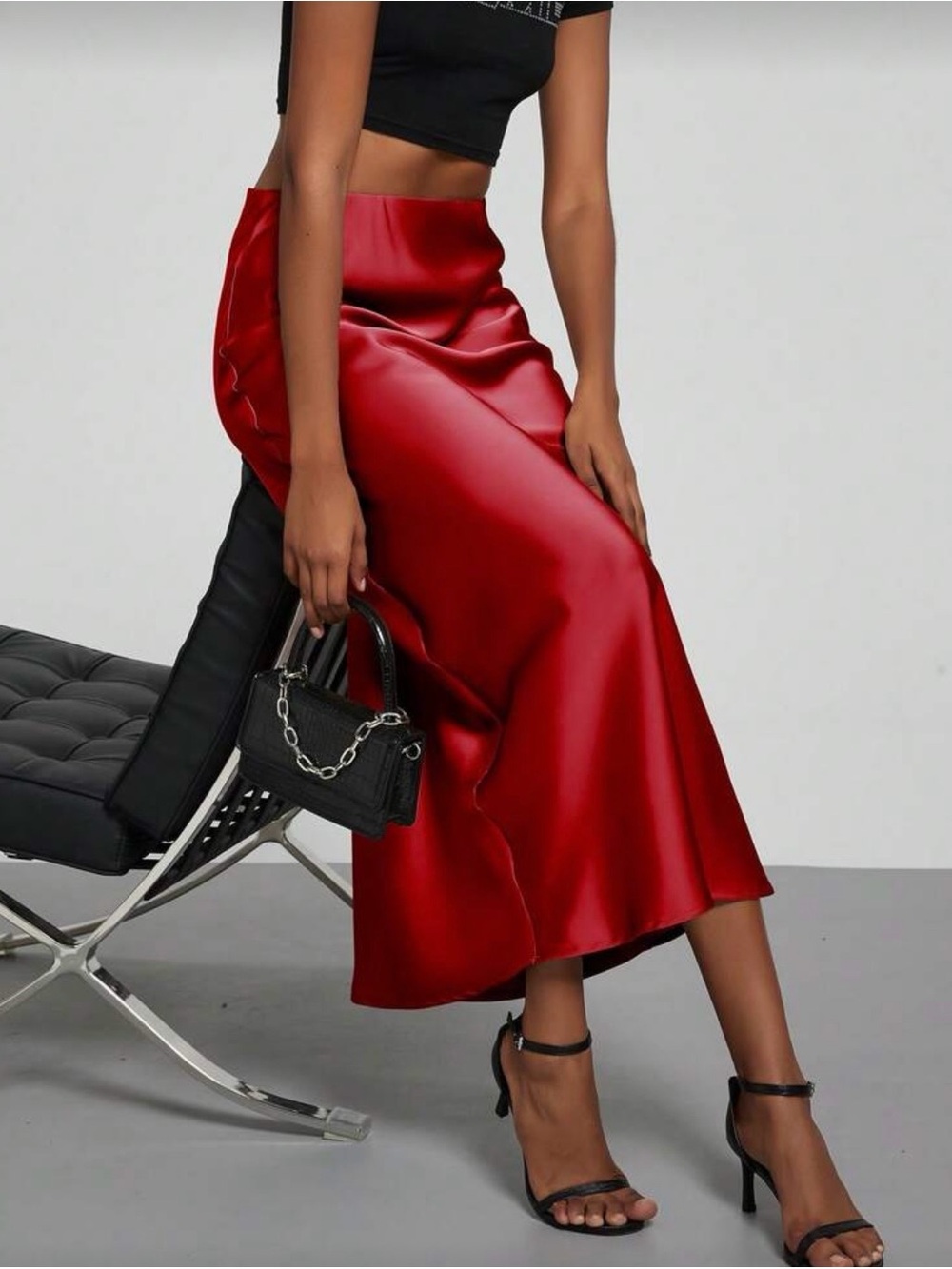 Satin Bias Maxi Skirt in Deep Red - Picture 6 of 7